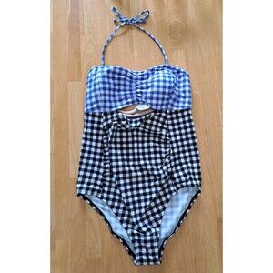 Motherhood Maternity Beach Bump Swimsuit Black Blue White Plaid Size Medium NWT